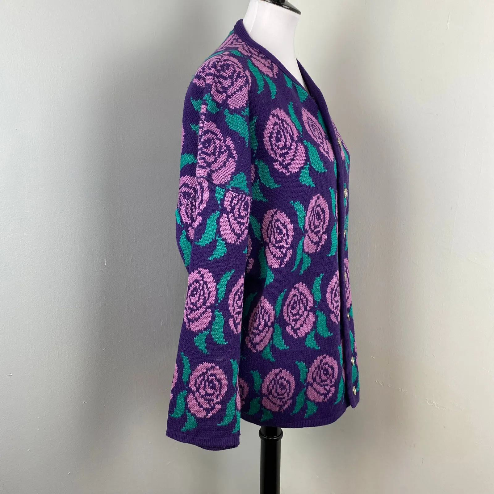 Vintage Western Connection Purple Floral Knit Cardigan Sweater Large Cottagecore - Image 5