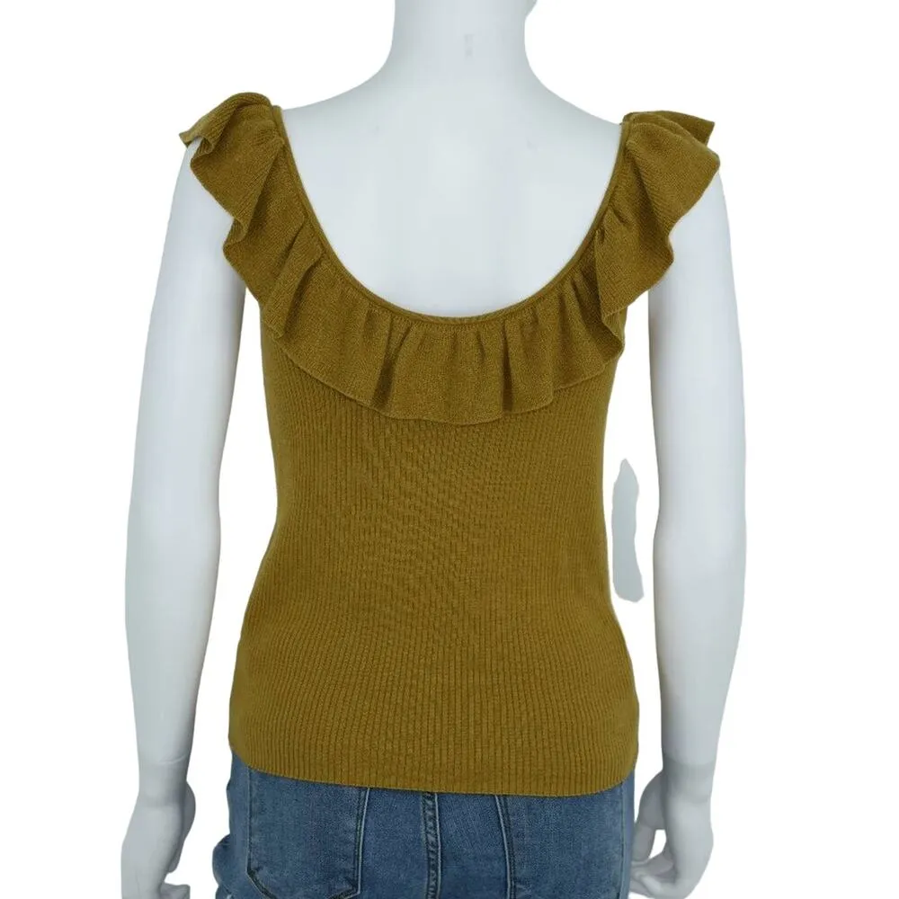 Madewell Women's Olive Green Ruffled Scoop Neck Sleeveless Sweater Size Small - Image 3
