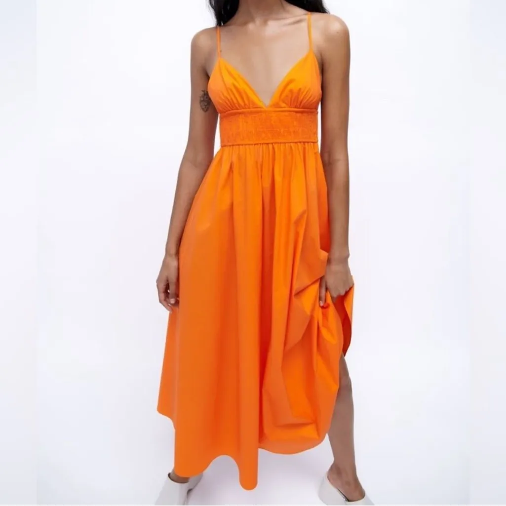 Zara Orange Smocked Maxi Dress Small V-Neck Sleeveless Flowy Summer Boho - Image 5