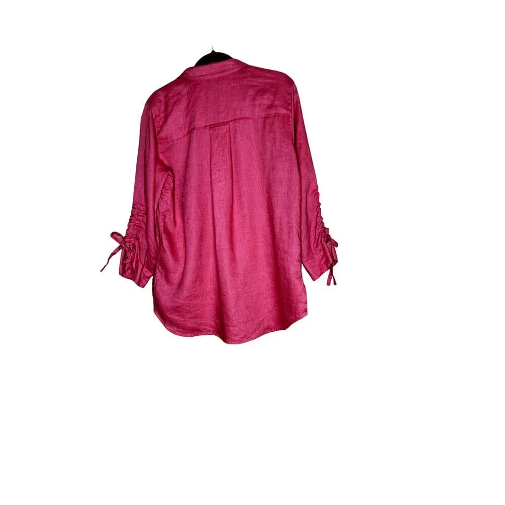 John Mark womens size small oversized button-up linen tunic pink ruched sleeves - Image 3