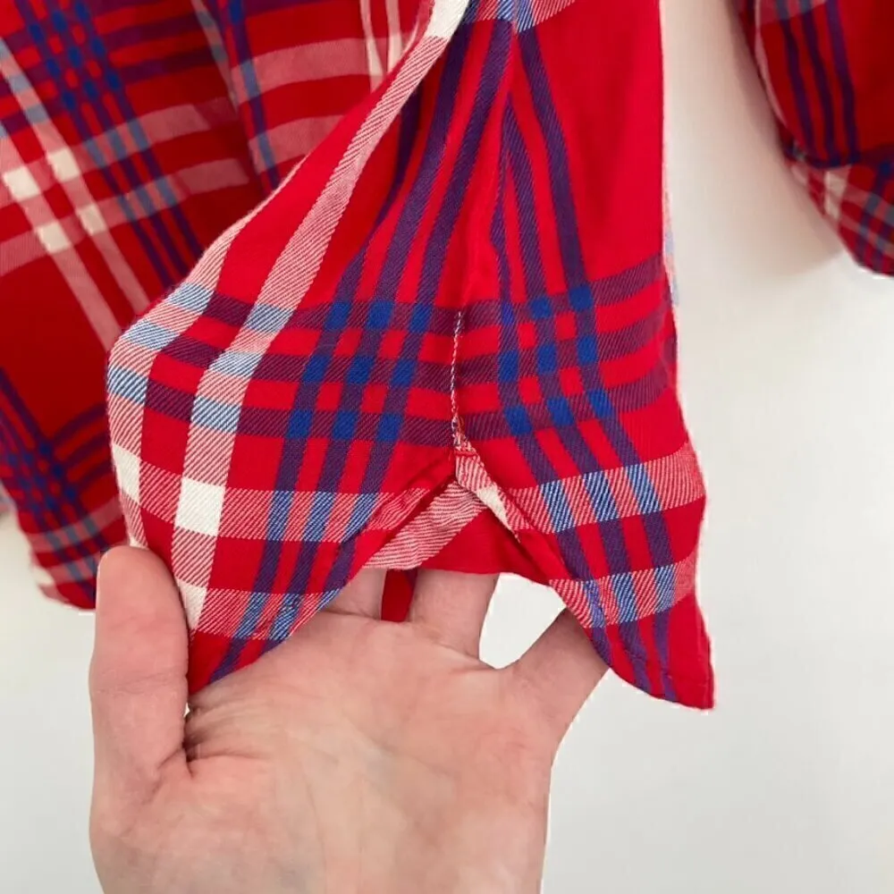 TALBOTS Red White Blue Plaid Long Sleeve 100% Rayon Button Down Shirt / Tunic S - Image 7