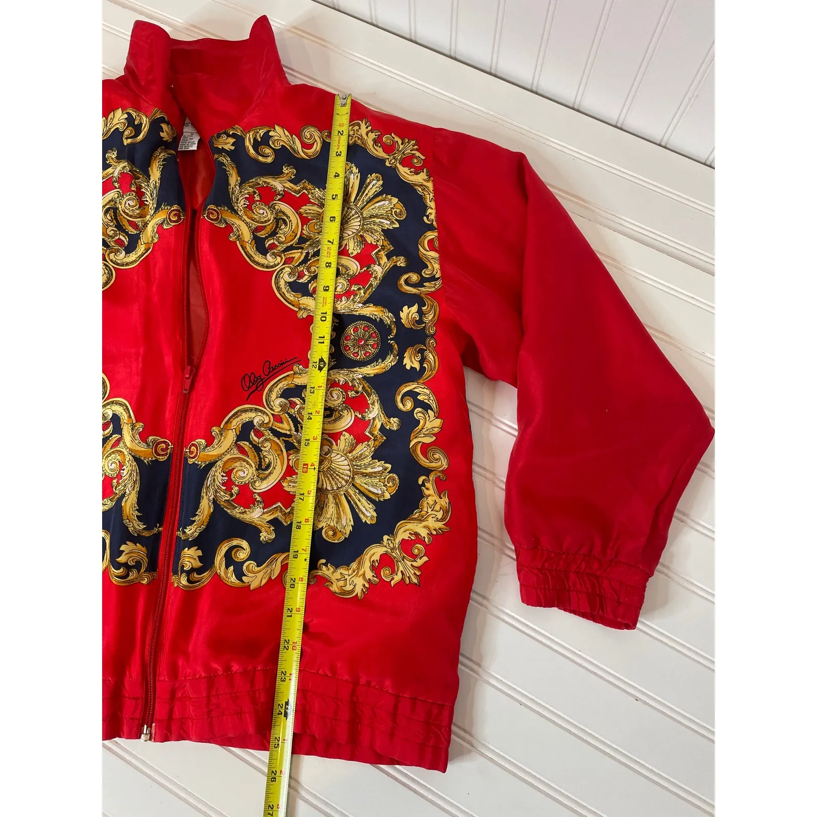 Vintage OLEG CASSINI Womens 100% Silk Jacket Red Blue Crest Shoulder Pads Size M - Image 4