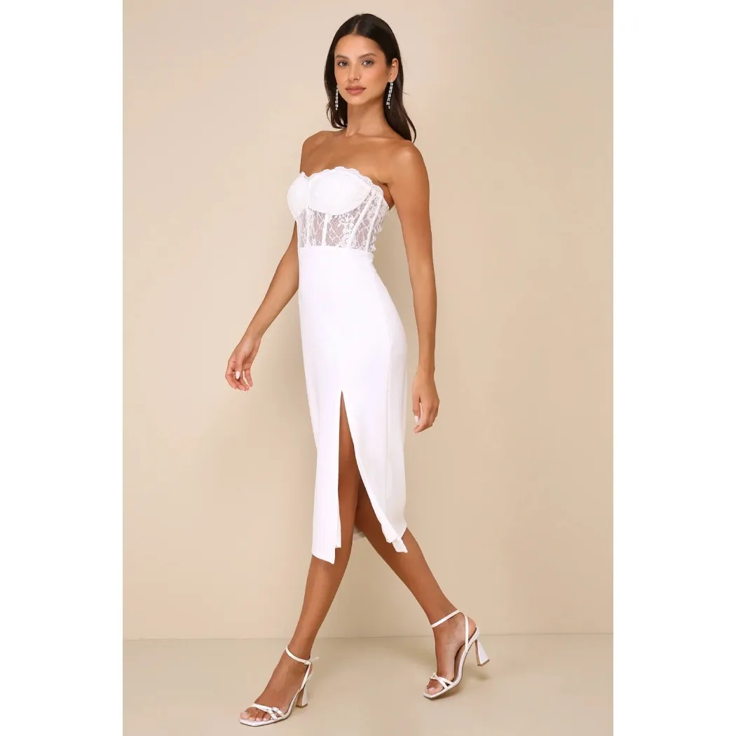 NWT Lulus Exquisitely Sultry White Lace Strapless Bustier Midi Dress Gala Size M - Image 7
