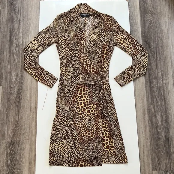 Norma Kamali Brown Animal Print Wrap Dress Small Cocktail Sexy Flattering - Image 2