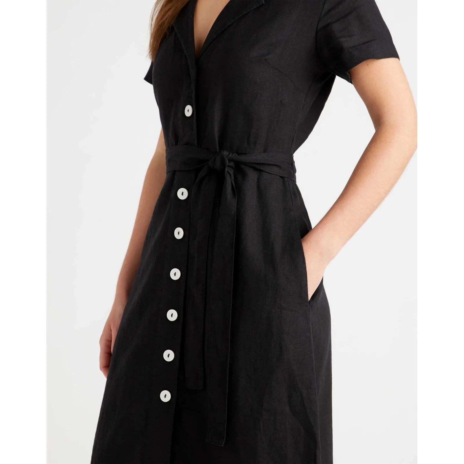 Quince Womens Shirt Dress Black Belted Notch Lapel Short Sleeve 100% Linen S New - Image 4
