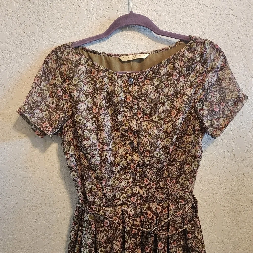 eShakti Wayward fancies Floral chiffon belted button boho cottage mini Dress - Image 14