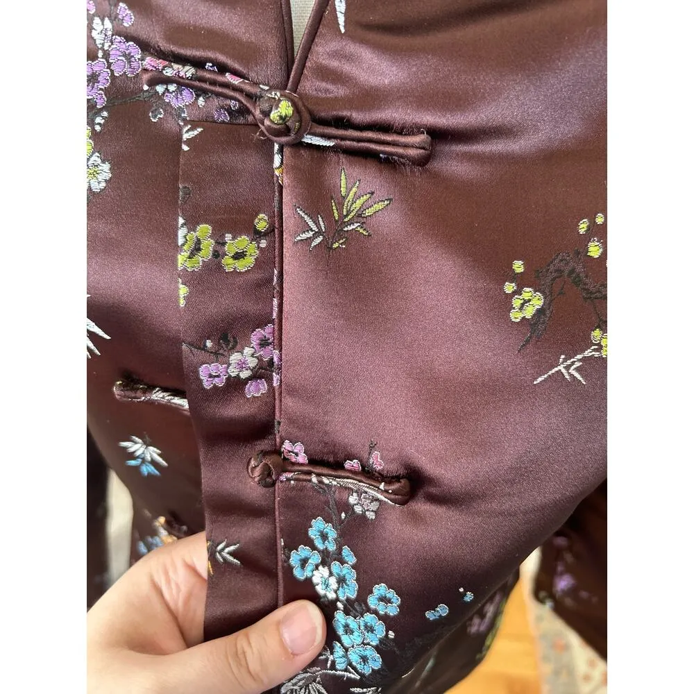 Vintage Brown Satin & Pastel Floral Chinese Blazer Jacket - Image 7