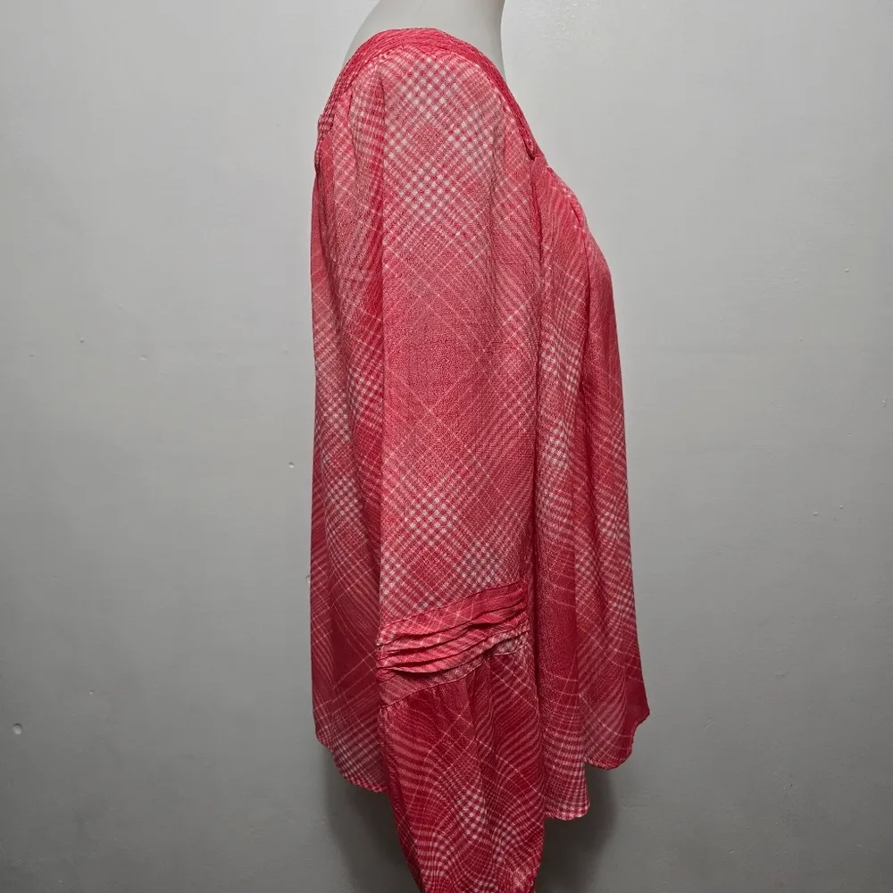 LC Lauren Conrad Pink Plaid Shirred Peasant Tops Size Large - Image 4