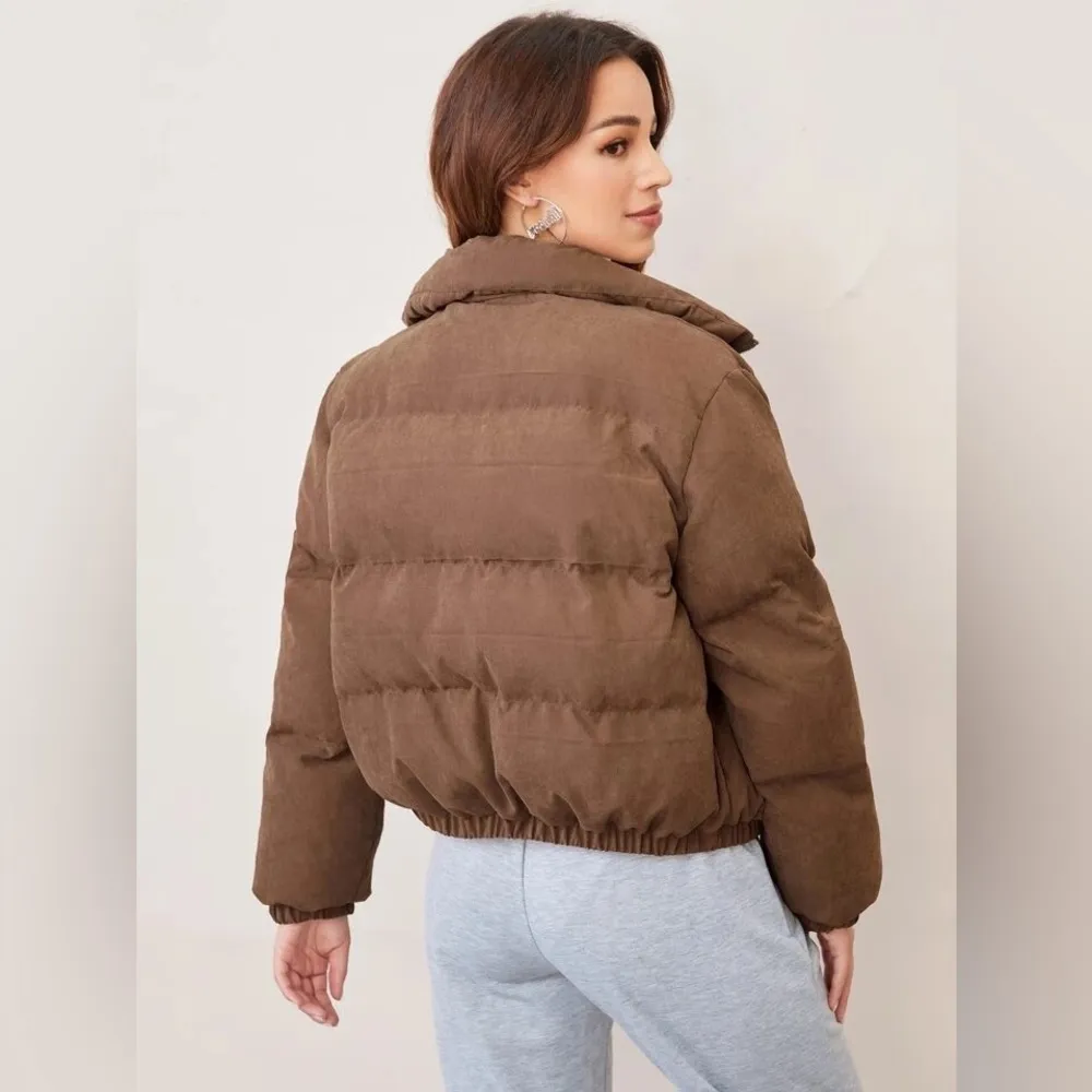 SHEIN Drop Shoulder Butterfly Chest Crop Puffer Zip Up High Neck Coat Jacket S - Image 5