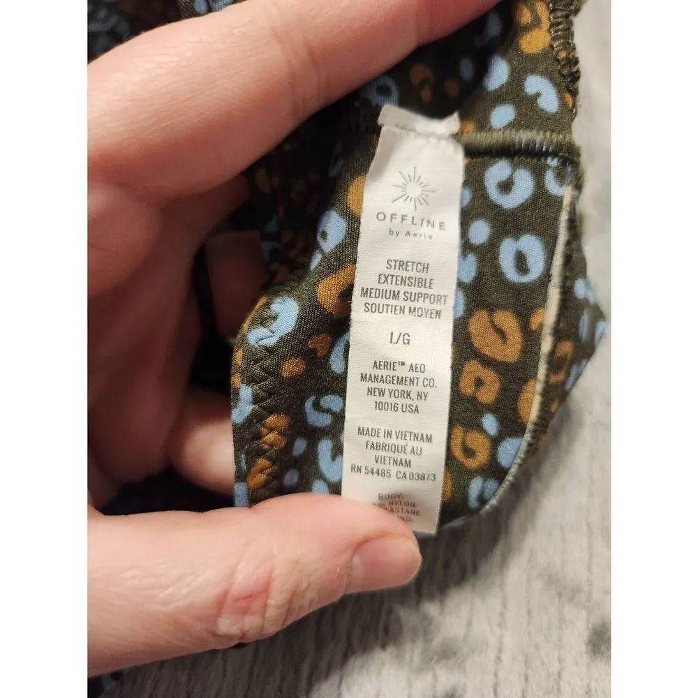 Offline by Aerie size L Medium Support Stretch Racerback Sports Bra Green Leopar - Image 3