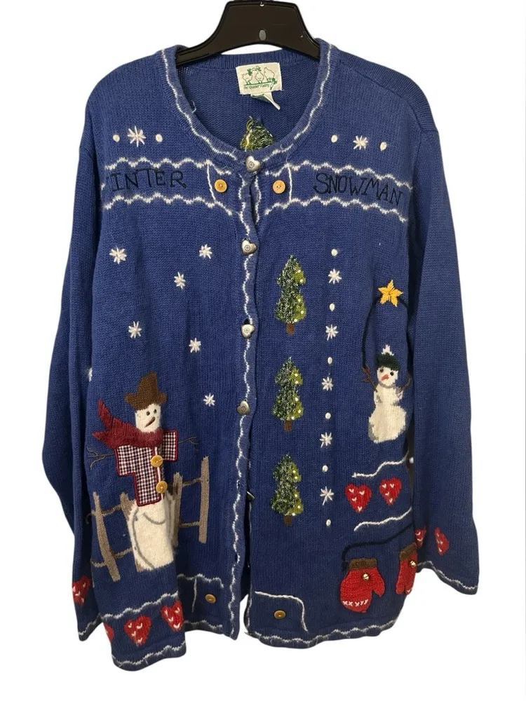 Quacker Factory Blue Knit Holiday Christmas Snowman Cardigan - Image 1