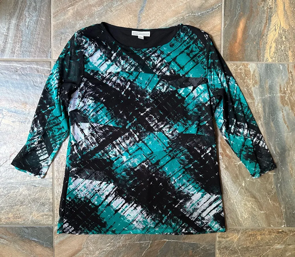 Dana Buchman Abstract Print Sheer Ruffle Blouse Women's Size Large 3/4 Sleeve - Image 1