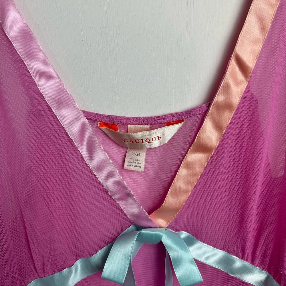 Cacique Sheer Mesh Lingerie Slip Dress Sz 22/24 Pink Pastel Satin Ribbon - Image 6