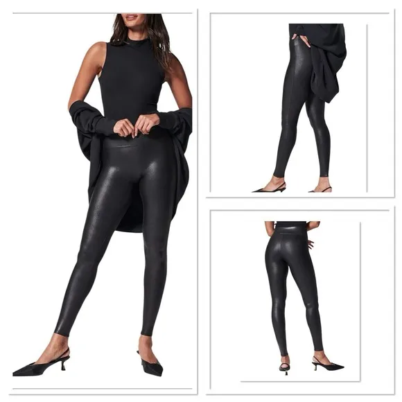 Spanx Women Black Faux Leather Tummy Control Shapewear Pull On Leggings Large LT - Image 2