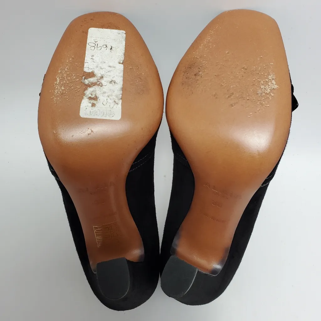 Alaia Calzature Suede Crepe Leather Bow Accent Peep Toe Heels Pump Black Size 38 - Image 11