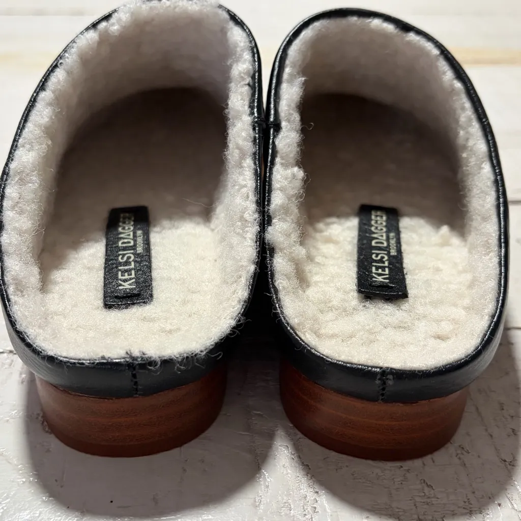 Kelsi Dagger Sail Mules NEW size 6.5 Black Leather Faux Shearling Slip On Clogs - Image 5