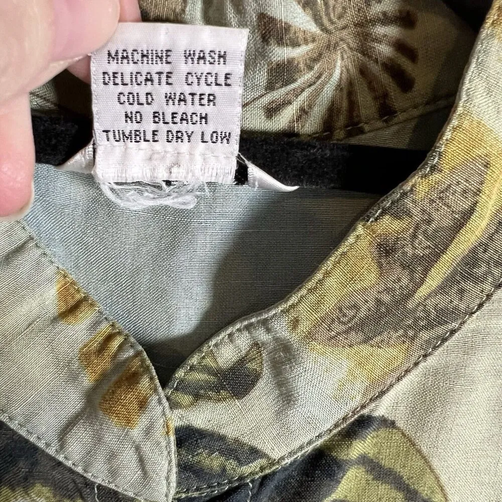 Citron button down Silk Linen tropical hawaii print Women’s Sz Small 3/4 Sleeve Green - Image 9