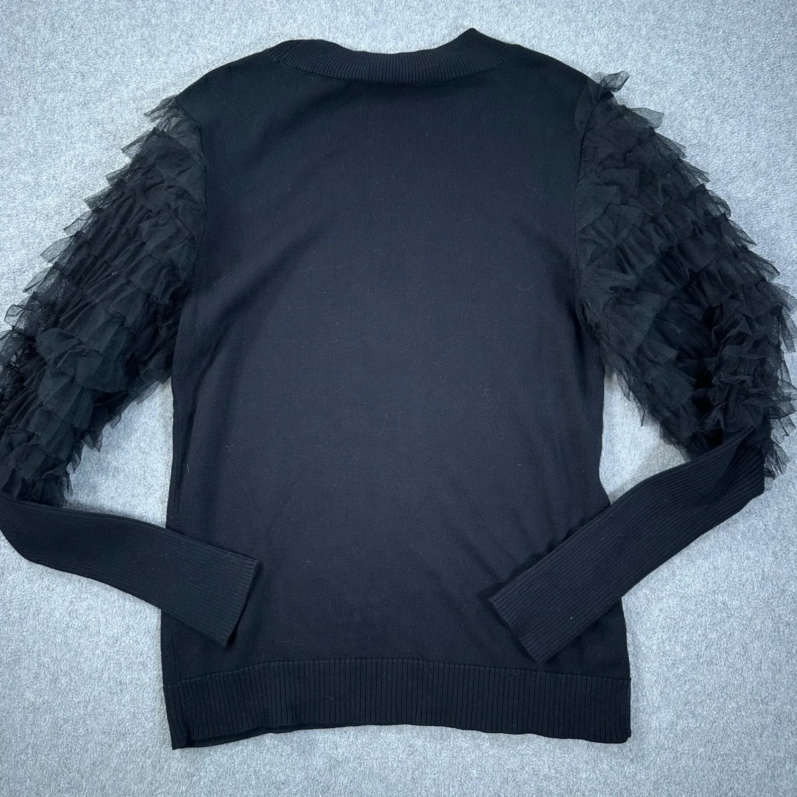 CeCe Sheer Ruffled Balloon Sleeve Crew Neck Sweater Women's X-Small Black Knit - Image 9