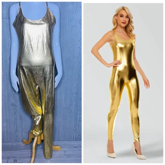 Gold metallic skinz tank top long pants jump suit fitted stretch extra large Size XL - Image 2