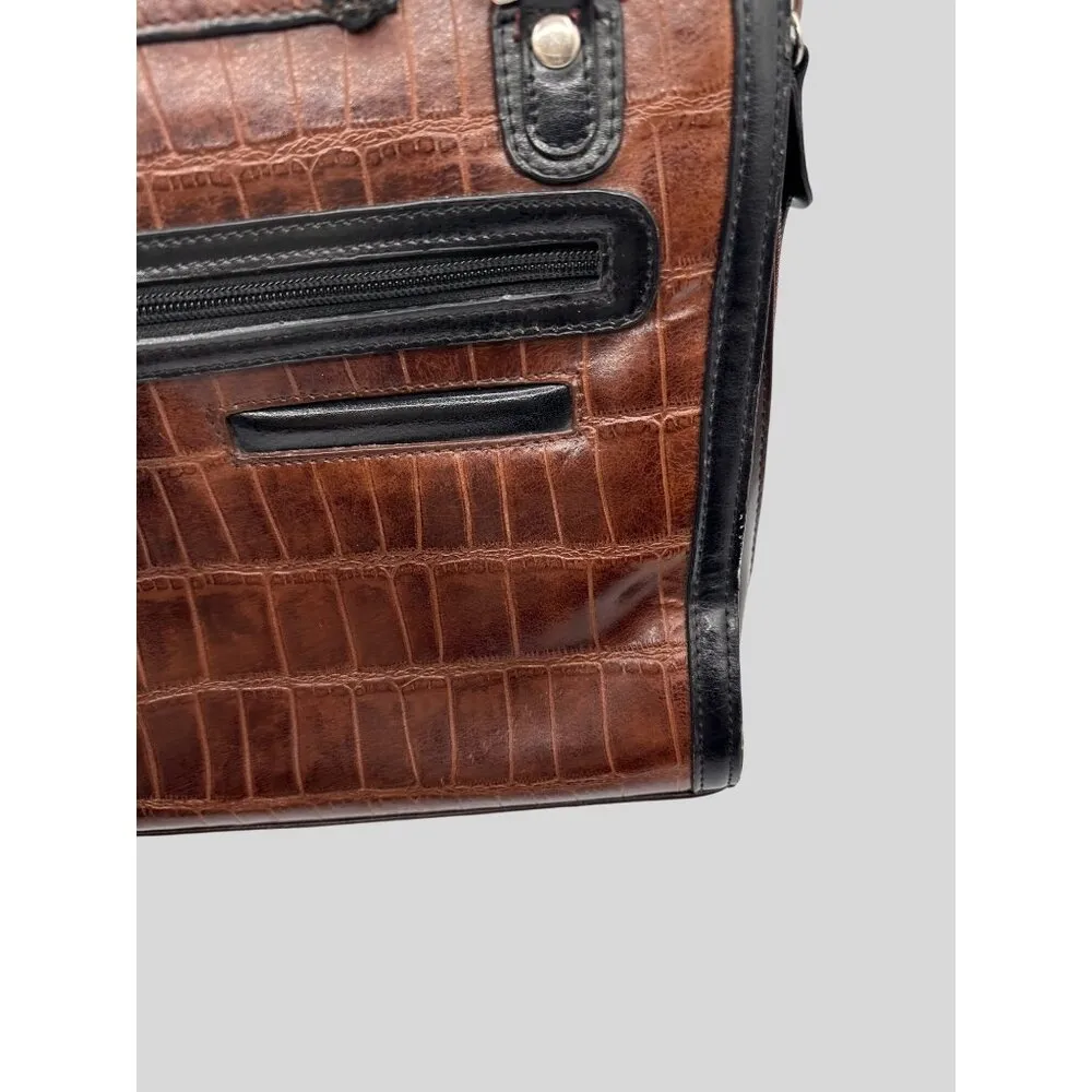 Marc Chantal Croc Embossed Soft Faux Leather Shoulder Handbag Heart Accent Brown Black - Image 6