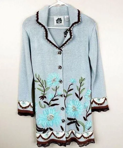 NEW Storybook Knits Vintage Sweater Womens XS Blue Flower Beaded Long Cardigan - Image 1