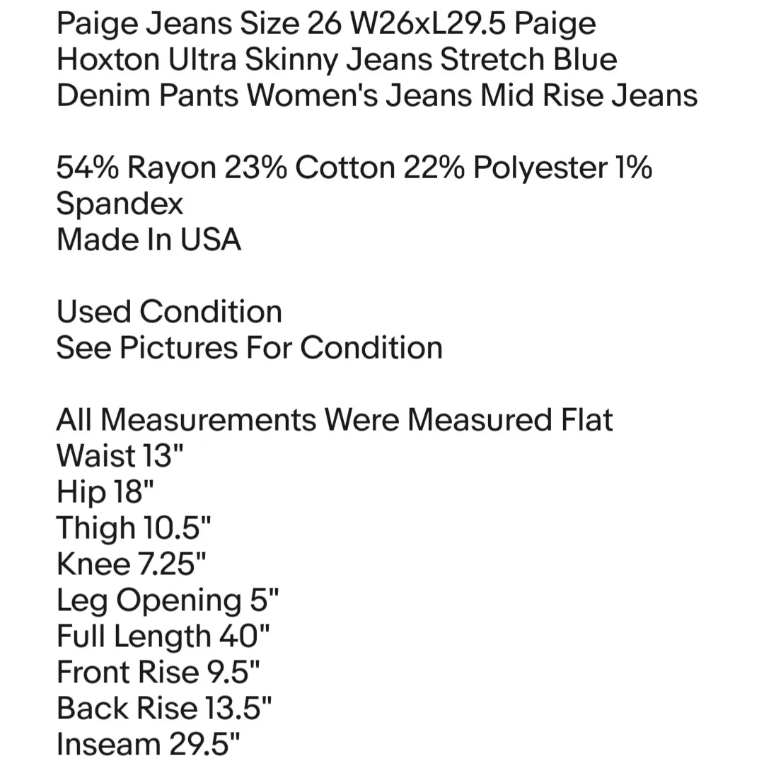 Paige Jeans Size 26 W26xL29.5 Paige Hoxton Ultra Skinny Jeans Stretch Blue Denim Pants  - Image 2