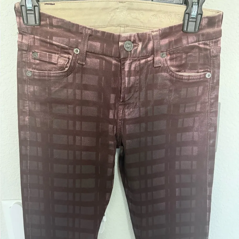 7 For All Mankind 7FAM Burgundy Plaid Laser Wax Coated Skinny Pants Jeans 26 NEW - Image 4