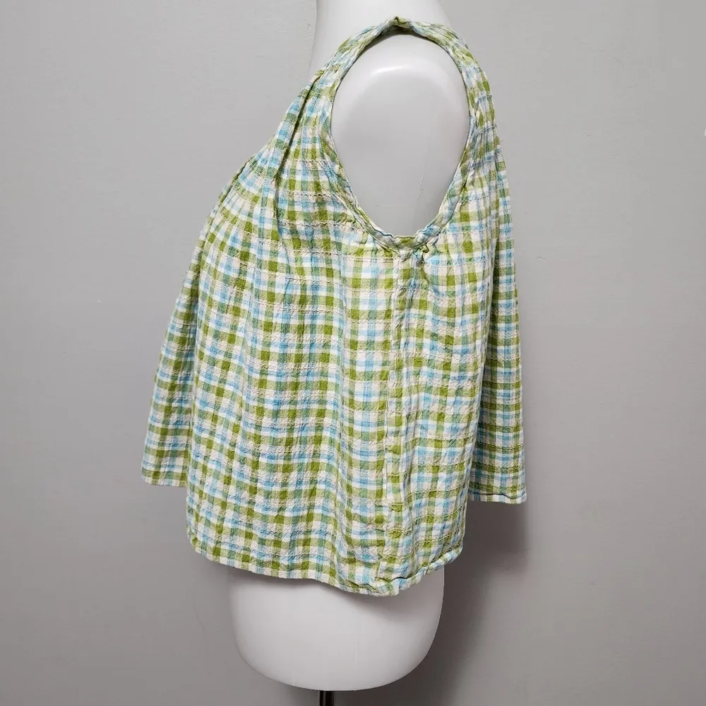 Vintage Casey & Max 90s Turquoise & Green Seersucker Check Crop Top Size Small - Image 2