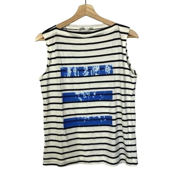 Zara Black & White Stripe Blue Sequin Tank Top M - Image 2