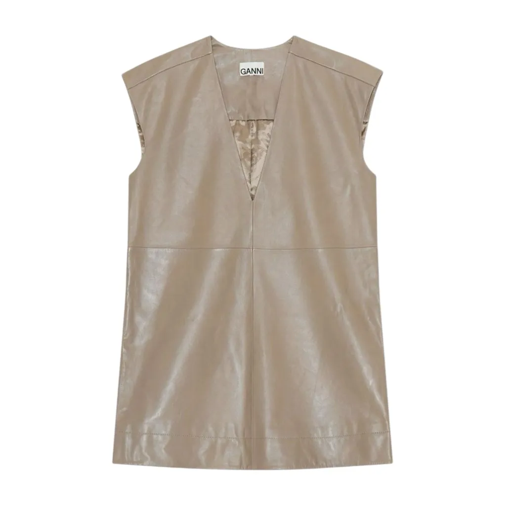 GANNI Lamb Leather Sleeveless Dress, Fossil, FR36/US4 - Image 8