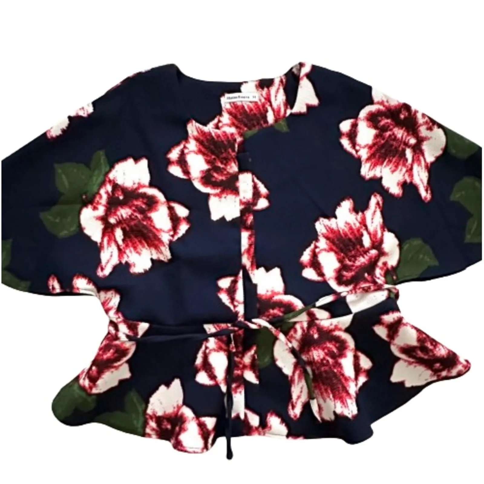 Marina Kaneva Blouse Top Navy Blue Pink Red Floral Tie Waist Peplum Top Size 14 - Image 8