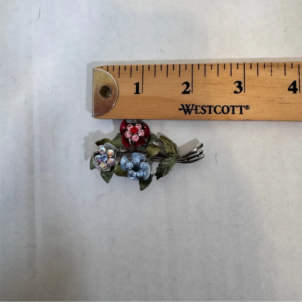 Silver Tone Enamel Rhinestone Flower Bouquet Brooch Vintage Estate Jewelry - Image 2