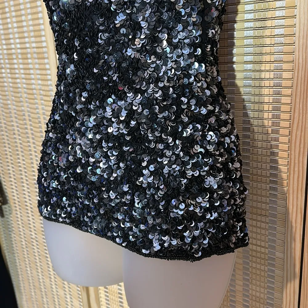 La Nuit Vintage 1970s 1980s Heavy Beaded Sequined Sparkly Black Tank Top Small? - Image 7