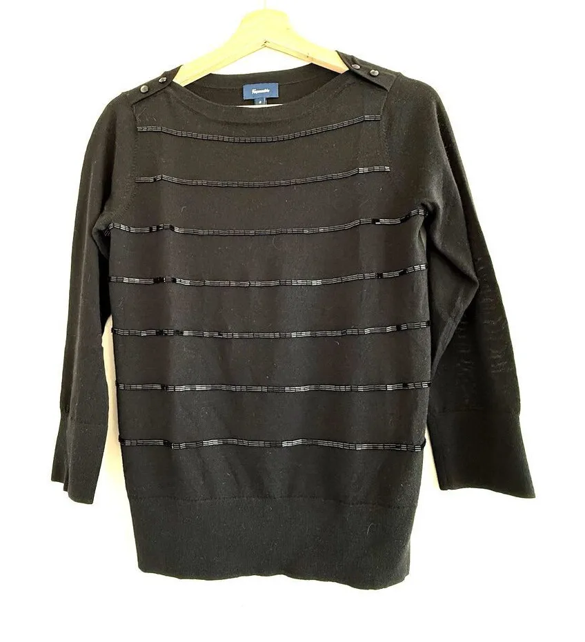 Façonnable wool silk women Long Sleeve Boat Neck Beads Sweater black size s - Image 1