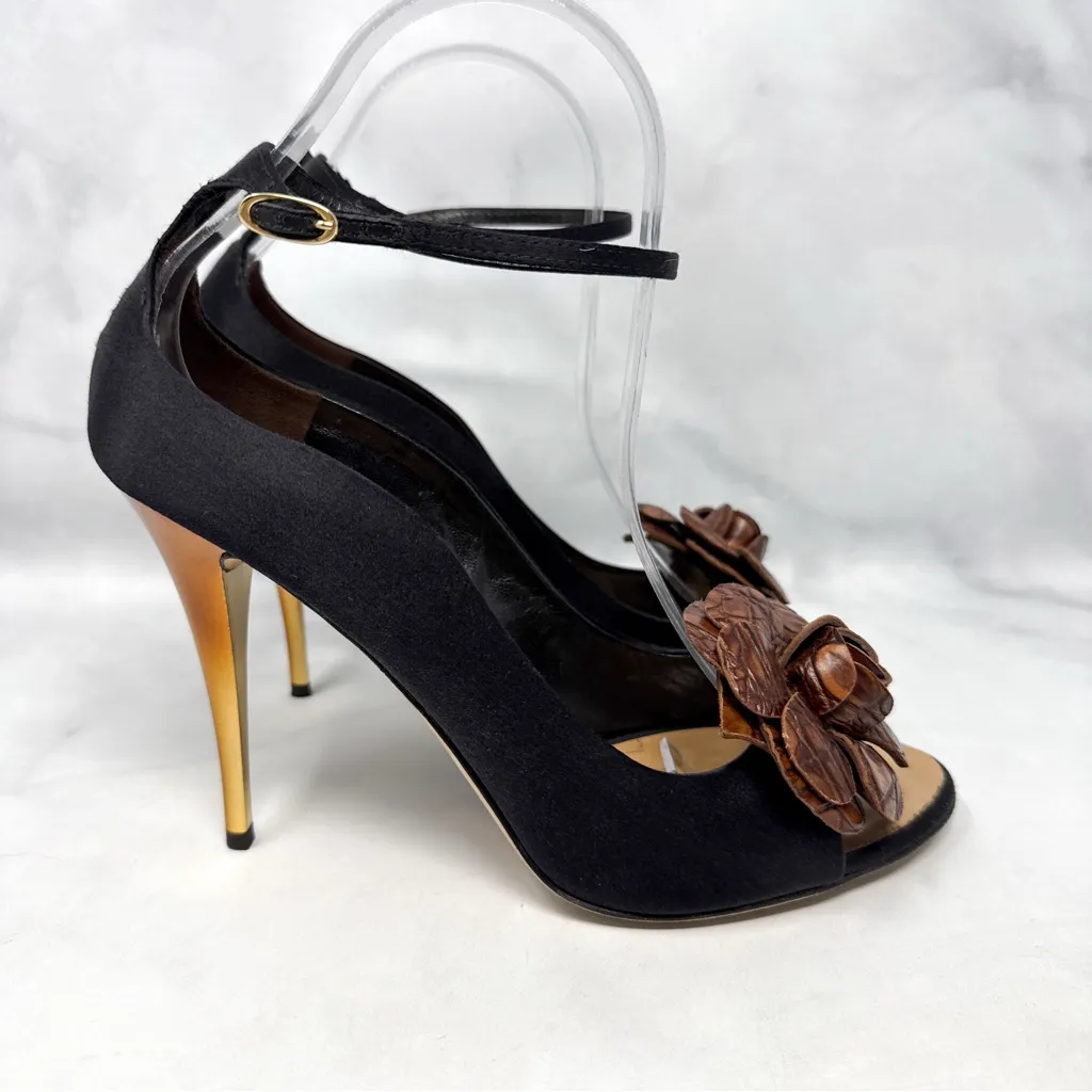Giuseppe Zanotti Vintage Y2K Leather Croc Flower Silk Mary Jane Heels Black 39 - Image 4