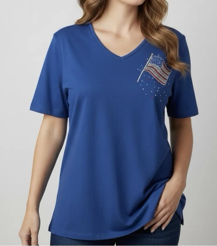 Quacker Factory Blue American Flag Rhinestone Short Sleeve Top Size 1X - Image 1