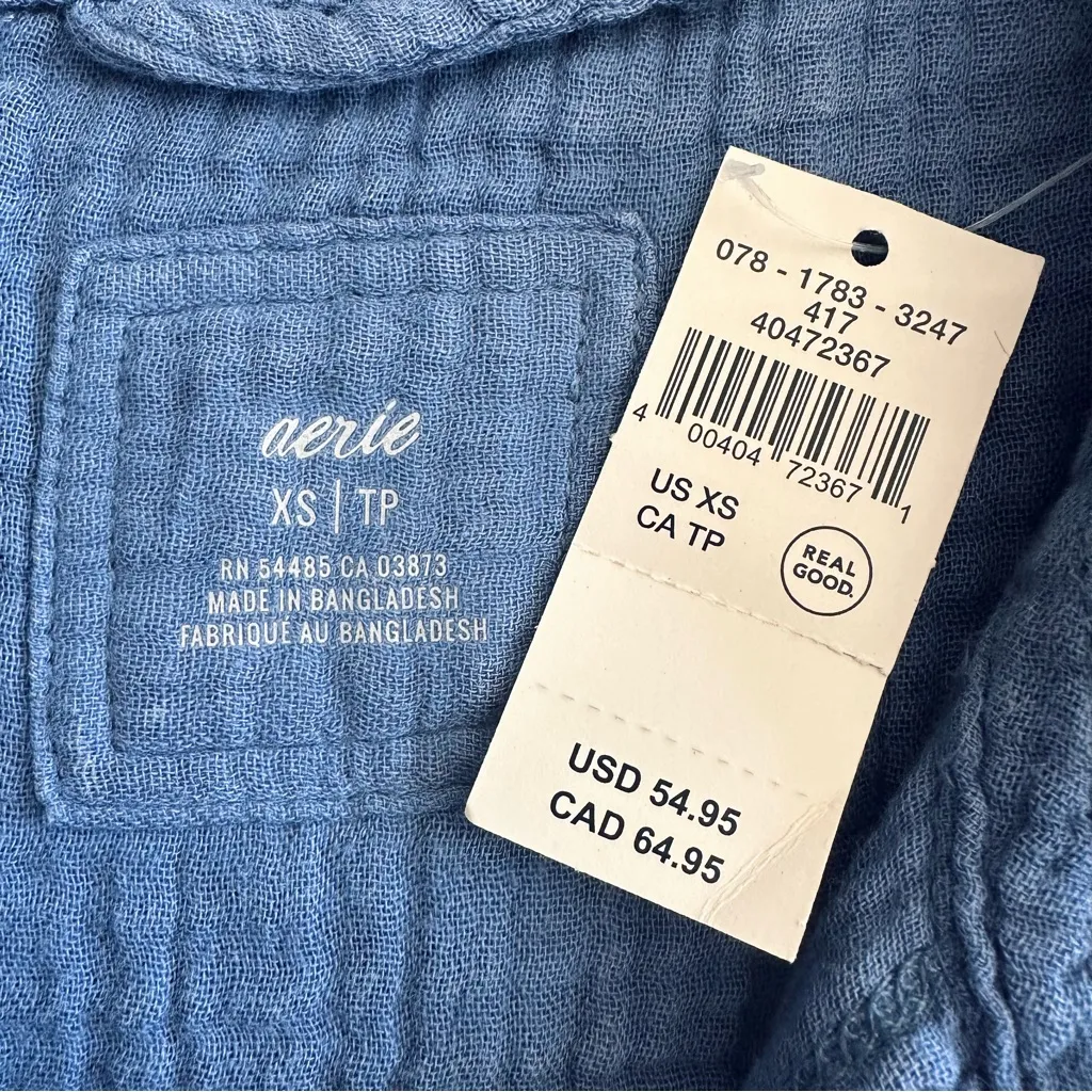 NEW! Aerie Gauzy Cover Up Shirt Blue Button Up Oversized Frayed Size XS - Image 8