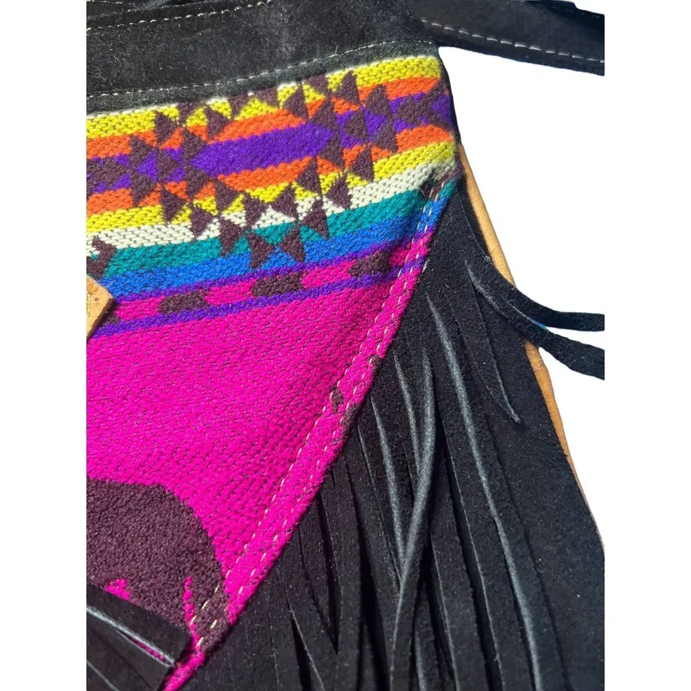 Black Suede Crossbody Bag Handmade in Alaska Fringe BOHO Hippie NWOT - Image 3