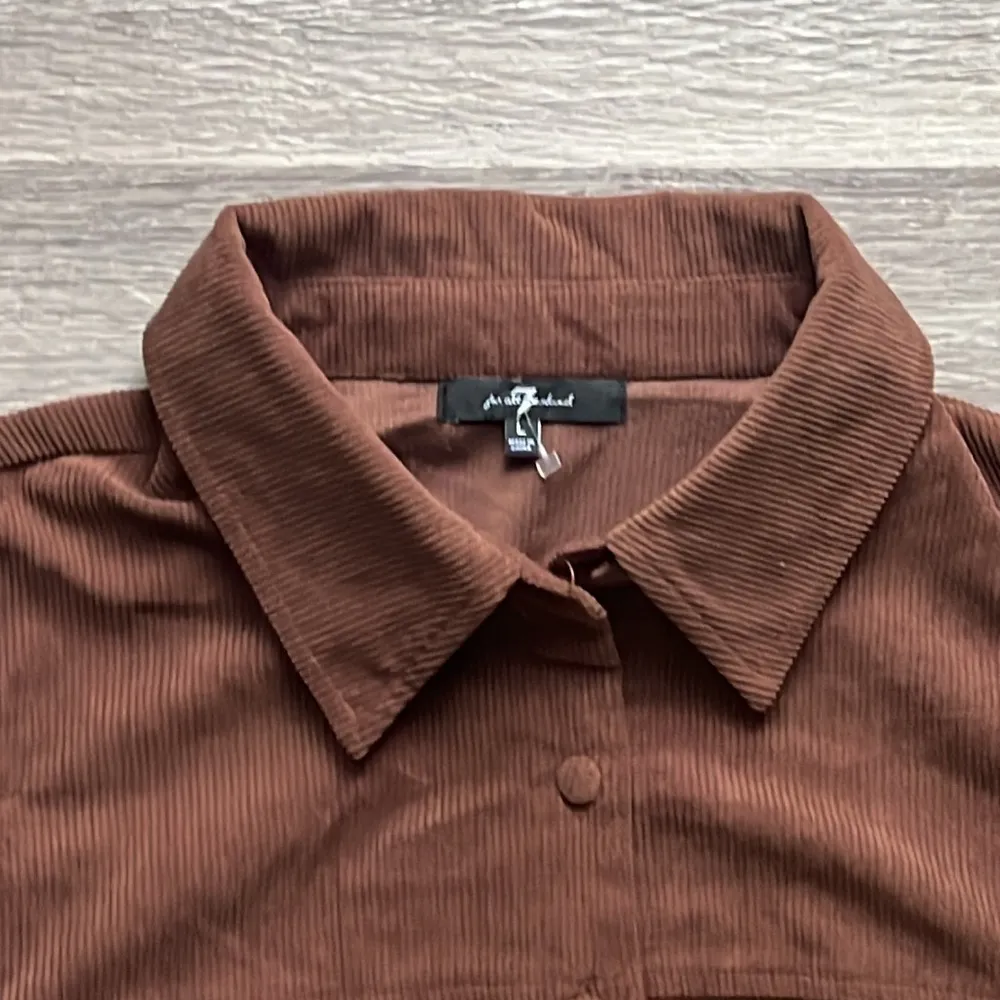 7FAMK Brown Corduroy Shirt Mini Dress with Puffed Sleeves Large - Image 6