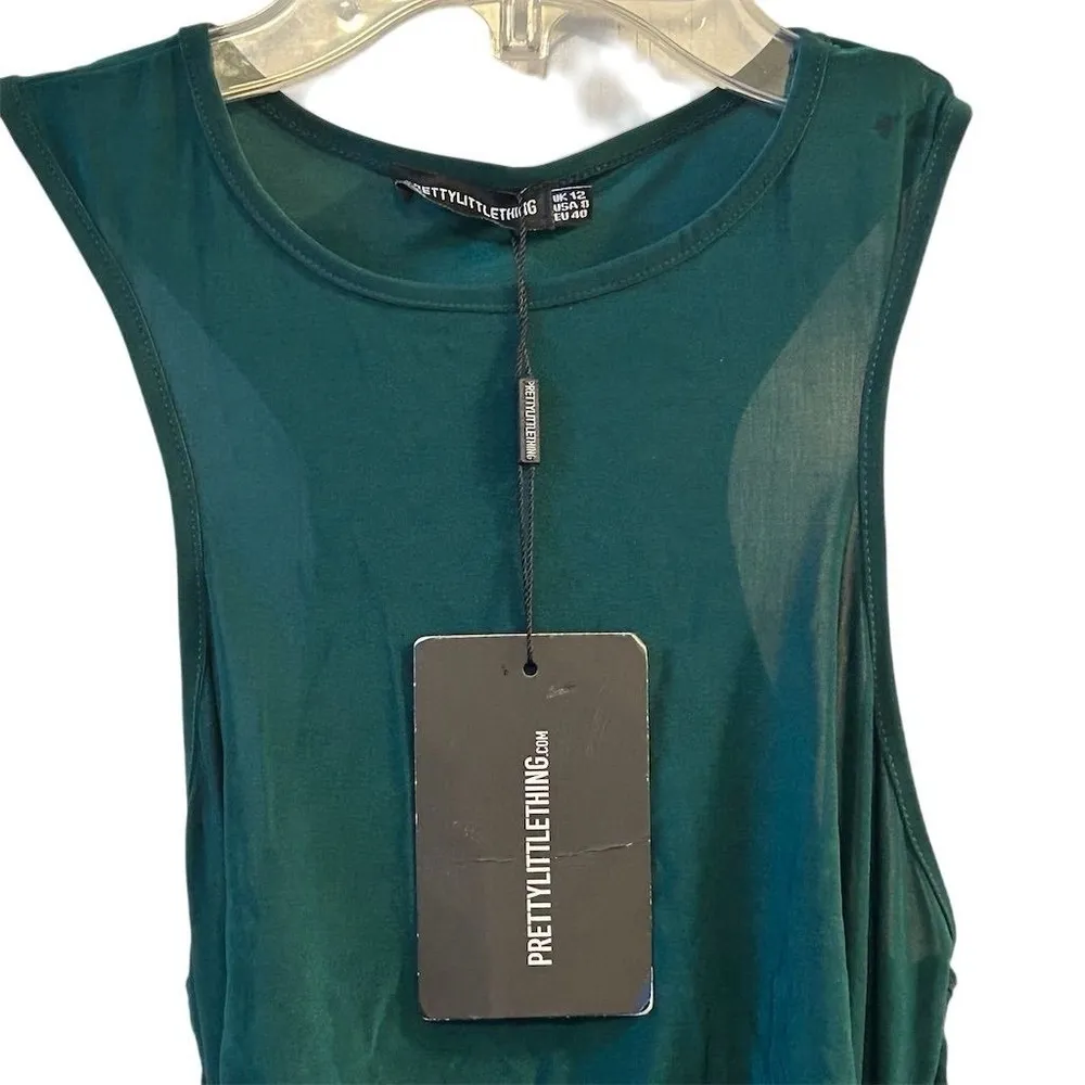 Pretty Little Thing Size 8 Emerald Green Slinky Racer Cut Out Bodycon Dress - Image 2