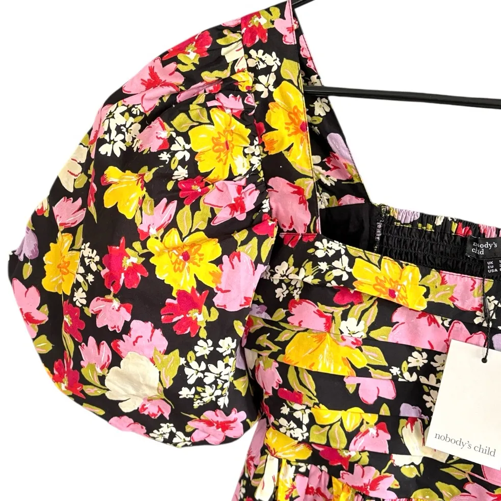 NWT Nobody’s Child Nova Puff Sleeve Black Floral Midi Dress Size 6 - Image 7