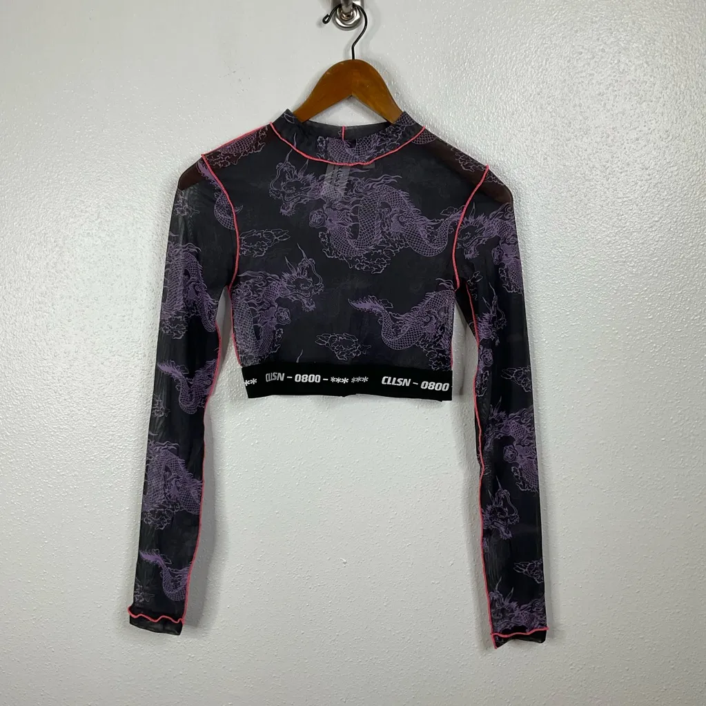 Collusion Dragon Print Mesh Long Sleeve Crop Top Size 4 Black - Image 2
