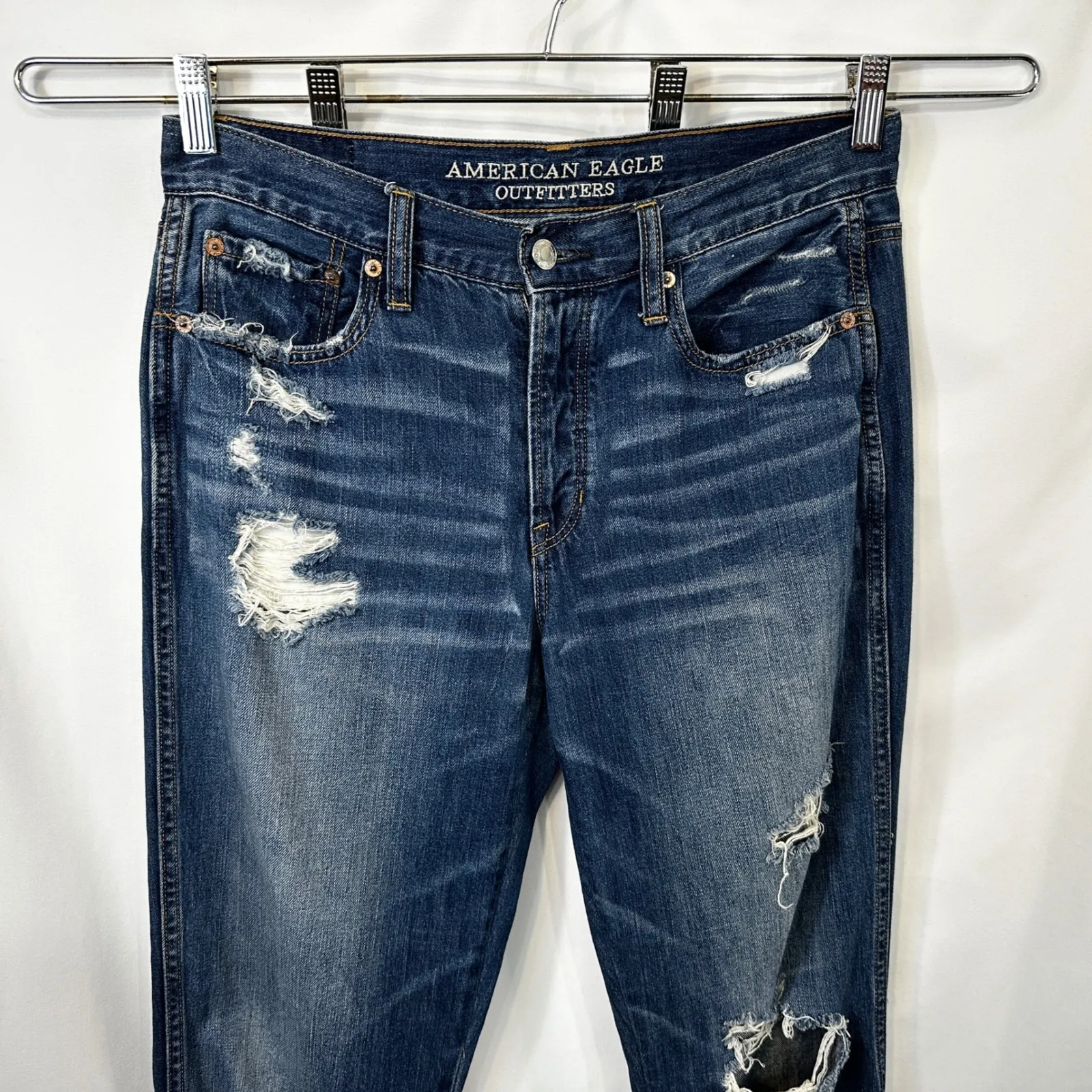 American Eagle Outfitters Size 8 Jeans Long Distressed High Rise Flare Blue 763 - Image 3