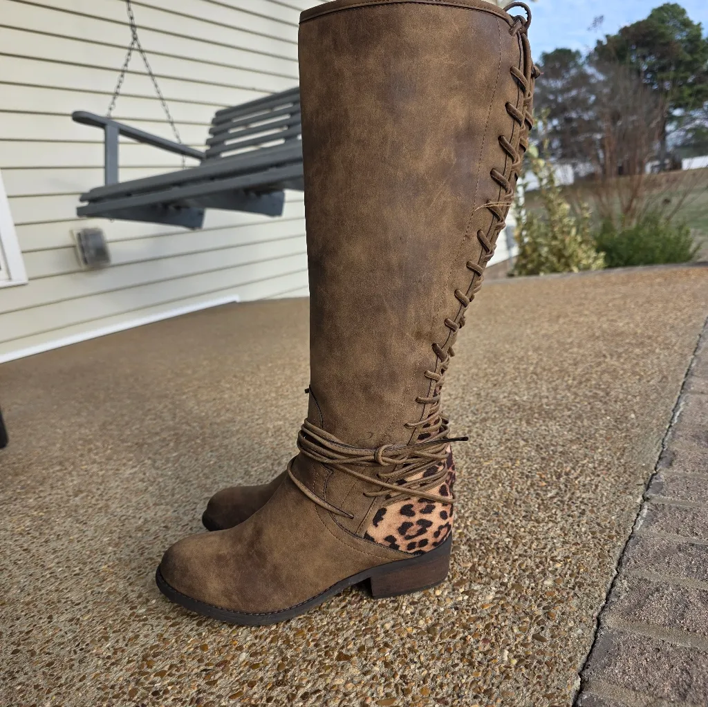 Brown Suede Leather Like Back Lace Up Side Zip Tall Boots Womens 8.5 Western - Image 6