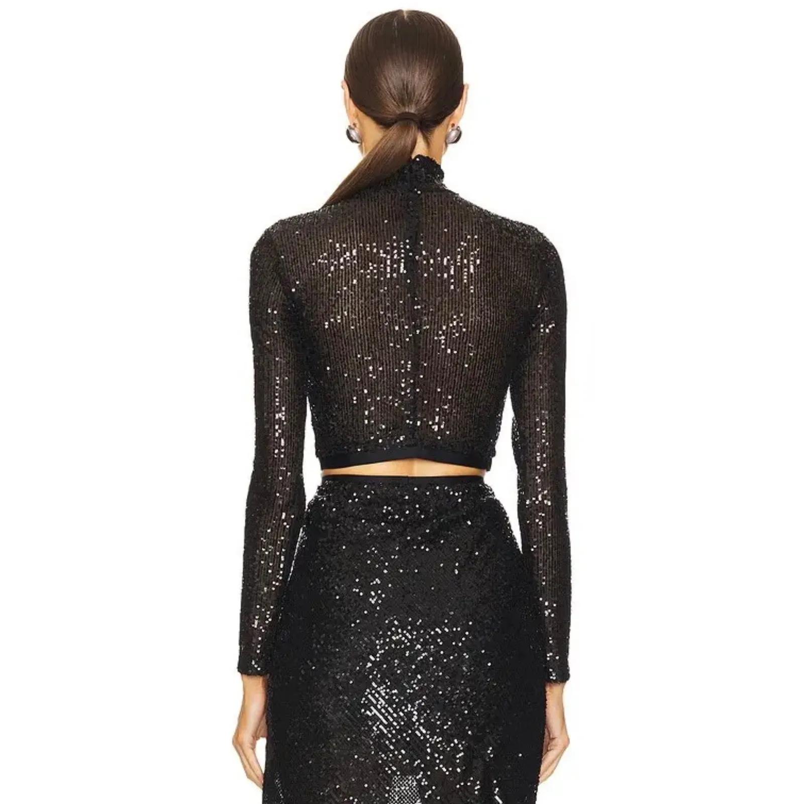 Enza Costa Sequin Cropped Mock Neck Top Black XS New - Image 4