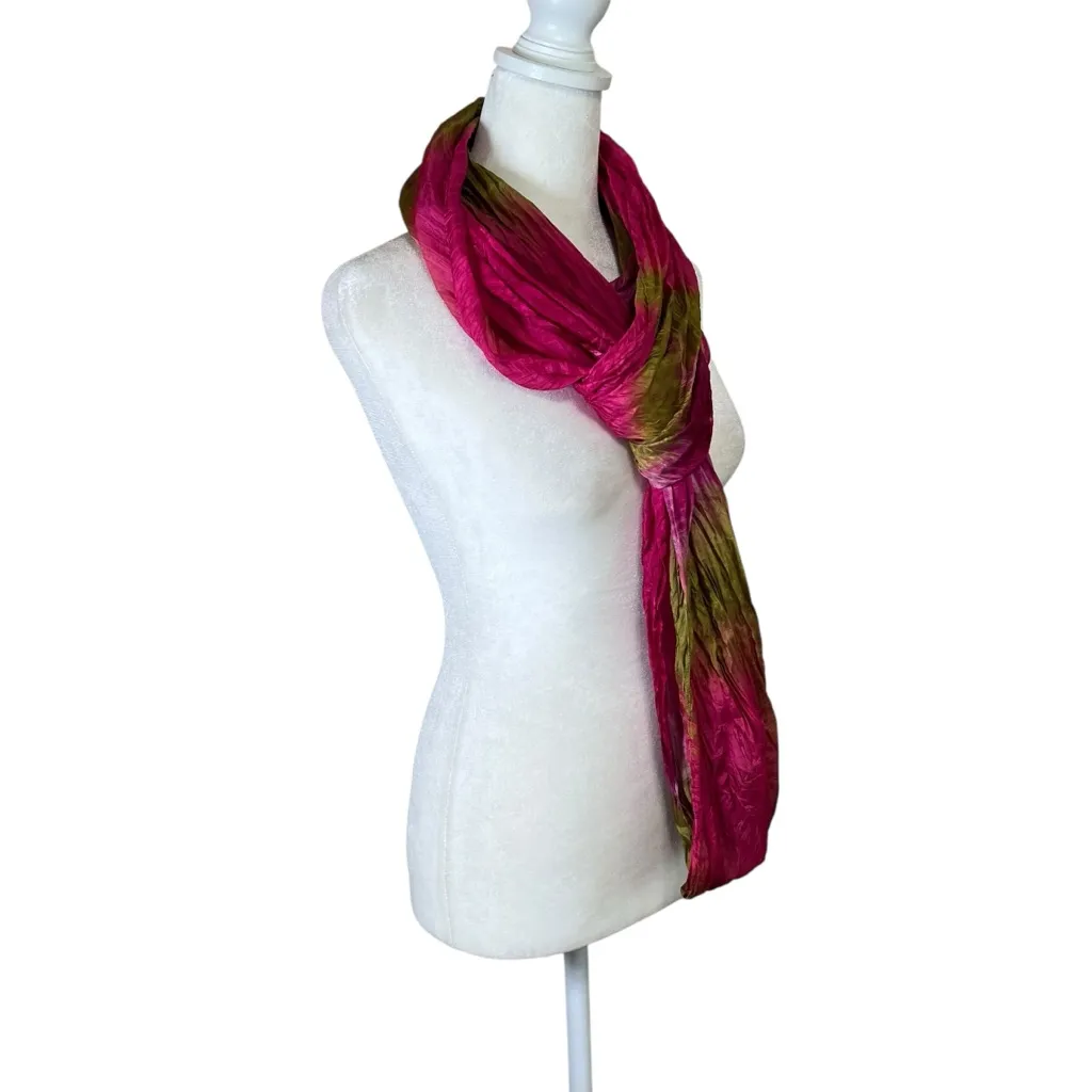 VTG Infinity Scarf Shawl Cowl Wrap Fuchsia Olive Green Silky Boho Colorful Chic - Image 9