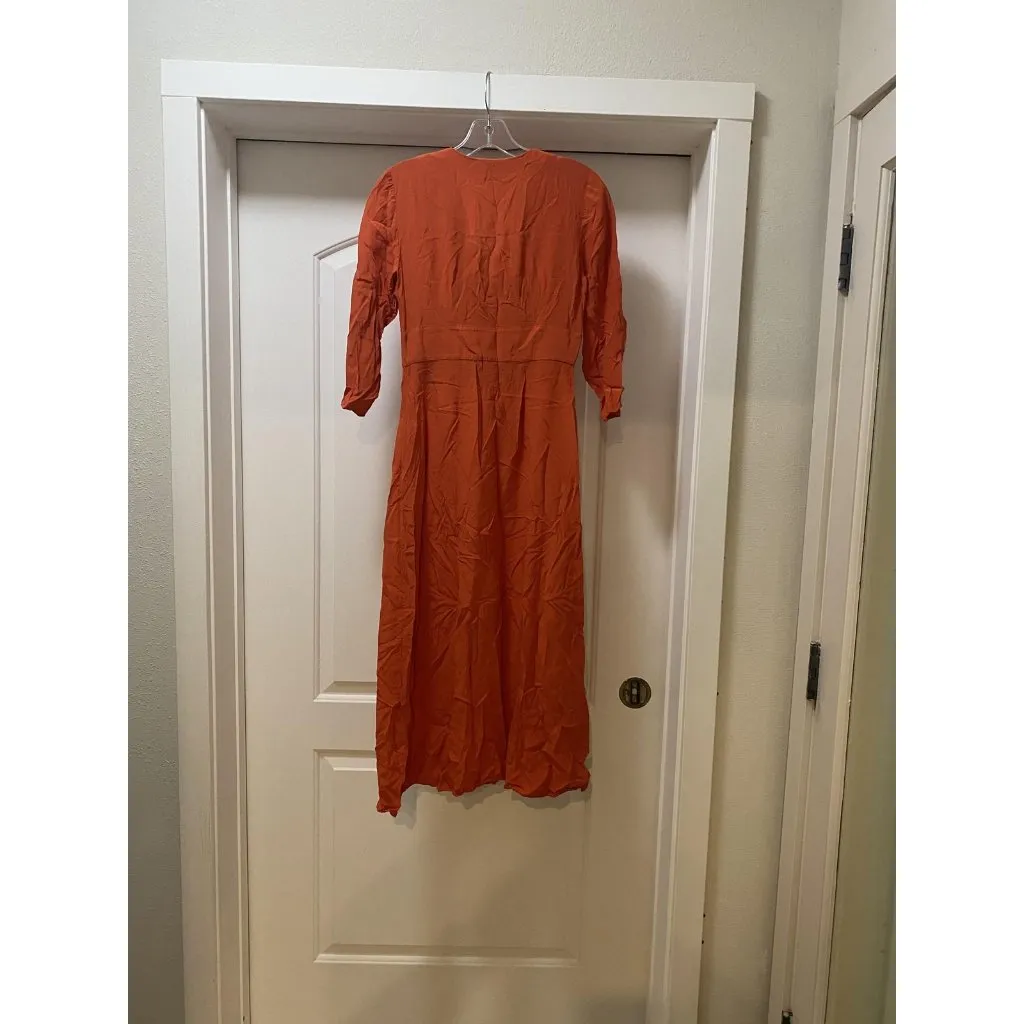 & Other Stories Dress Womens 4 Burnt Orange Midi V Neck 3/4 Sleeve Paris Atelier - Image 4
