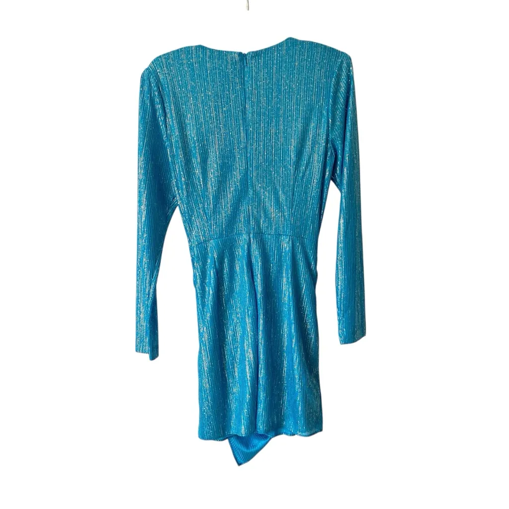 Ramy Brook Shimmering Metallic Turquoise Blue Long Sleeve Dress size 6 Ruched - Image 7