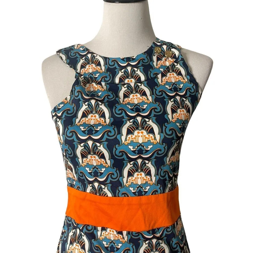Tracy Negoshian Retro Print Short Dress Size S Orange Floral Sleeveless‎ Blue - Image 9