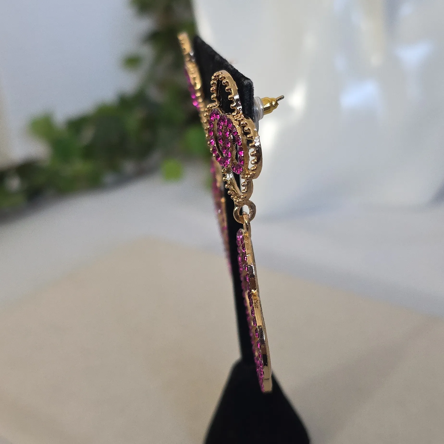 Gold and Fuschia Pink Crystal Clover Flower Drop Earrings - Image 4